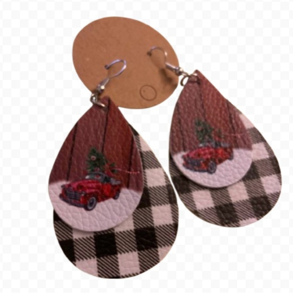 EARRINGS Buffalo Plaid & Red Truck Holiday Christmas Faux Leather NWT BOGO